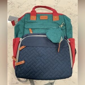 NWOT Good Mum Quilted Multi-Color Backpack w Changing Station USB. Teal Navy Red